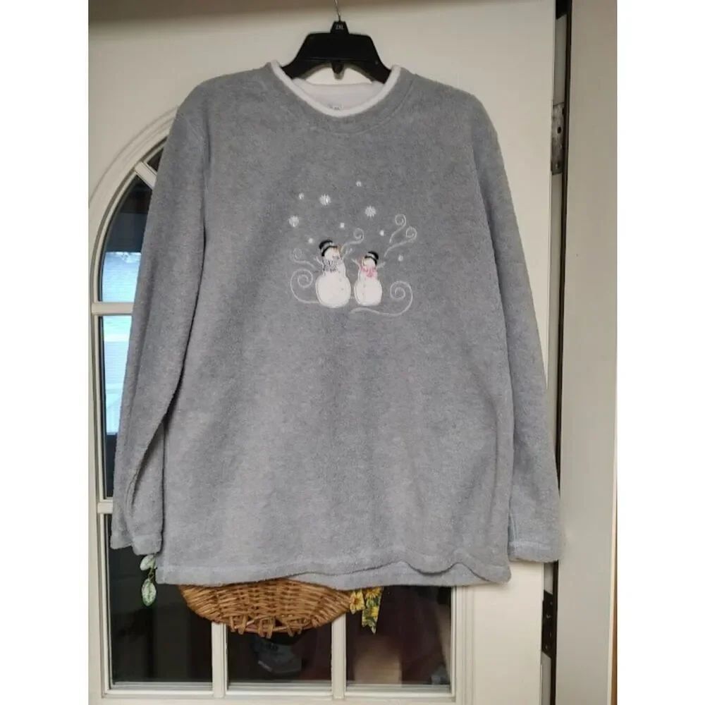 New Bonnie Evans Gray Snowmen Fleece Long Sleeve Top Size Women's 1X